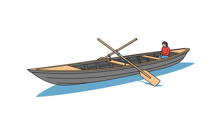 A lone person skillfully maneuvers a long narrow wooden boat using two oars for a peaceful journey across calm water
