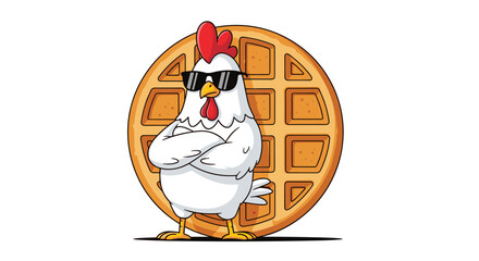 Cool chicken standing proudly in front of a delicious golden brown waffle