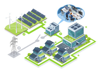 simple Isometric energy microgrid with solar panels wind turbines and battery storage system for sustainable power management control room showed