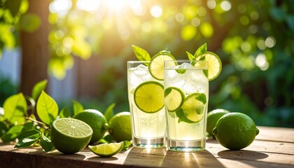Refreshing lime soda drinks served with fresh limes in a sunny outdoor setting