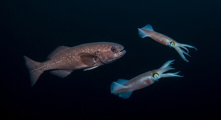 Naklejka premium Deep Sea Encounter, Fish and Squid Swimming Together in the Dark Ocean Depths