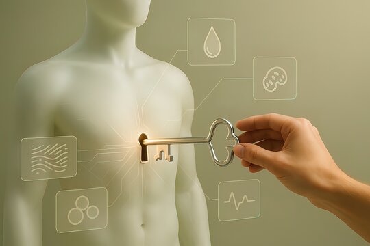 A hand inserts a key into a human chest, symbolizing unlocking health, with medical icons floating around. Generated AI.