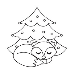 Cute sleeping fox curled up in front of a decorated Christmas tree in a simple line drawing style