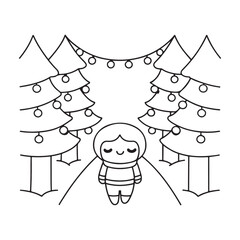 Cute Cartoon Character in a Snowy Forest with Decorated Christmas Trees and String Lights winter