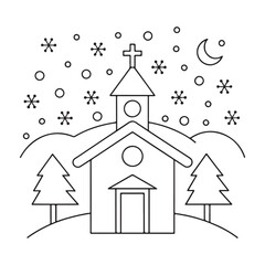 Stylized outline of a church on a snowy hill with a crescent moon and falling snowflakes religious
