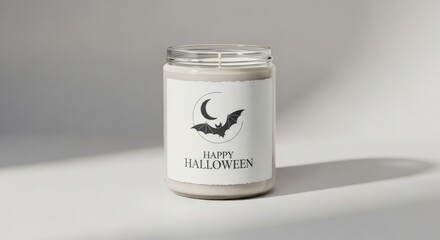 A halloween white candle jar printed with spooky logo artwork for festive decoration
