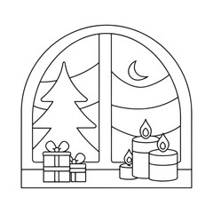 Christmas Tree and Gifts Visible Through an Arched Window with Candles and Moon present
