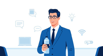 Stylish Professional Man Posing With Beverage and Communication Icons in Modern Illustration