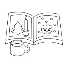 Open Christmas Coloring Book Page With Candle Tree And Santa Face And Hot Drink vector illustration