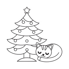 Outline of a sleeping cat next to a decorated Christmas tree kitten feline