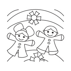 Two happy cartoon children dancing with flowers and a rainbow overhead kids