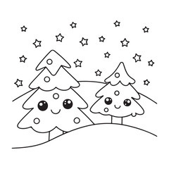 Cute cartoon Christmas trees with happy faces and falling stars in a snowy landscape vector illustration