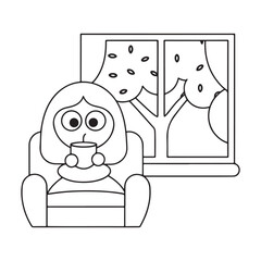Cartoon person sitting in armchair holding a mug with a window view of trees drink beverage
