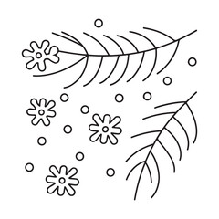 Simple Line Art Illustration of Pine Branches and Snowflakes on a White Background pine needles winter