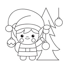 Cute Christmas Elf Decorating Tree With Ornaments In Black And White Line Art character cartoon