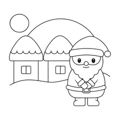 Santa Claus Standing In Front Of Snowy Houses Under A Rainbow Arch In Line Art christmas character
