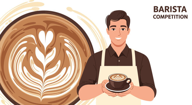 Smiling Barista Showcases Artful Latte Presentation During Competition, Close-Up View