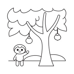 Simple outline drawing of a child waving next to a tree with hanging fruit girl
