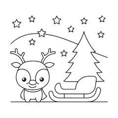 Cute cartoon reindeer with a sleigh and Christmas tree under a starry sky on a white background stars