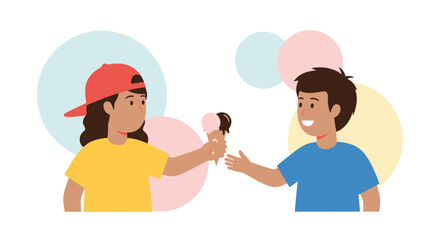 Fototapeta premium Summer Day: Two Children Exchanging Ice Cream Cone, Delightful Scene with Cheerful Kids