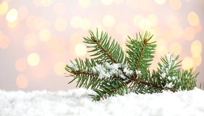 Snowy pine branch on snow with bokeh