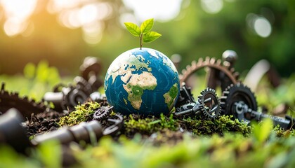 Earth rising amidst a graveyard of machines, symbolizing rebirth and sustainability