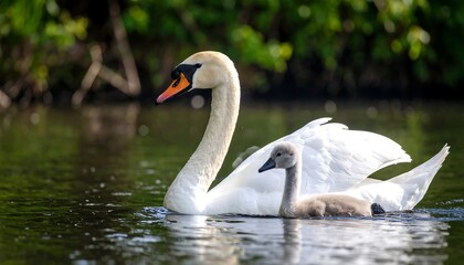Fototapeta premium Swans on water, mother and cygnet