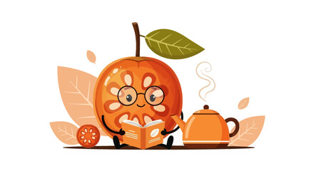 Smiling Fruit Character Reading Book Beside Tea Pot Illustration in a Whimsical Design
