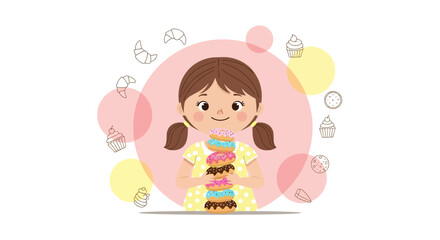 Smiling Girl Holding a Tower of Delicious Donuts and Other Desserts Illustration