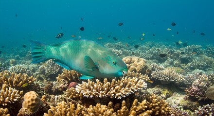 Fototapeta premium Parrotfish feeding on coral reef