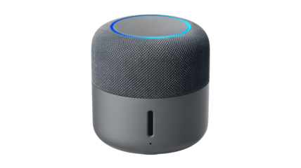Sleek modern smart speaker with glowing blue LED ring for immersive audio experiences