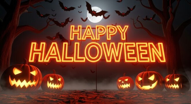 A halloween poster design with bats flying and glowing happy halloween text artwork
