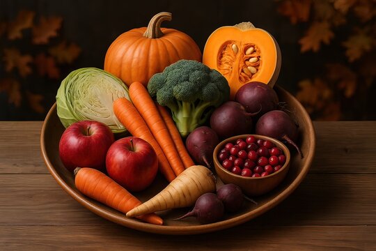 A rustic wooden bowl filled with assorted autumn vegetables and fruits, including pumpkin, apples, and cranberries. Generated AI.