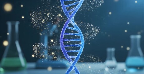 A luminous blue DNA double helix molecule suspended in a modern scientific research laboratory with beakers in the background. - Powered by Adobe