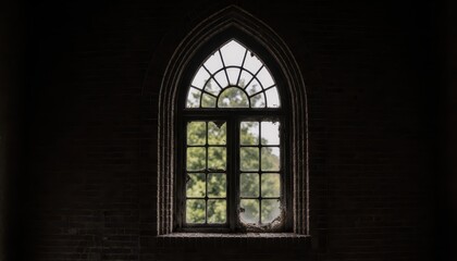 Fototapeta premium Abandoned gothic window old building photography dark environment close-up view architectural features