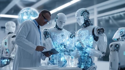 The Scientist and Artificial Intelligence: A  scientist meticulously examines a futuristic robot amidst a high-tech laboratory, a testament to the wonders of human innovation. Generative Ai