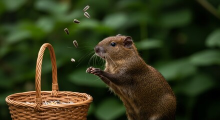 Obraz premium Agouti delicately catching falling seeds near a woven wicker basket filled with grains of food in lush green forest