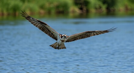 Obraz premium Majestic osprey soars above tranquil waters with wings fully spread