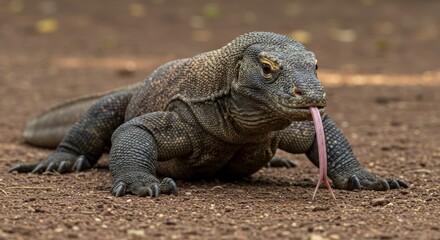 Obraz premium Komodo Dragon with Tongue Out Exploring its Habitat with Curiosity