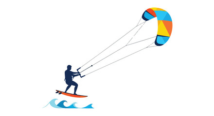 Dynamic kitesurfer silhouette glides across vibrant ocean waves under a patterned sail against a clean white backdrop