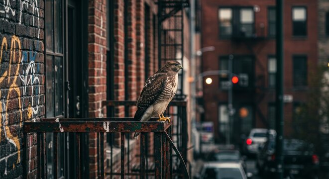 Hawk perched on a fire escape in an urban setting with brick buildings and street scene, capturing the bird's intense gaze - Powered by Adobe
