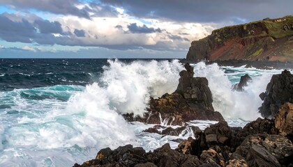 Powerful waves crash against dark volcanic rocks on a dramatic coastline.  A dramatic display of nature's raw power.