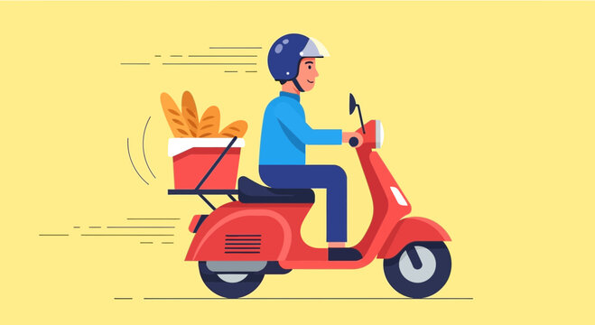 Swift Rider Delivering Fresh Bakery Goods On Retro Scooter in Vibrant Illustration