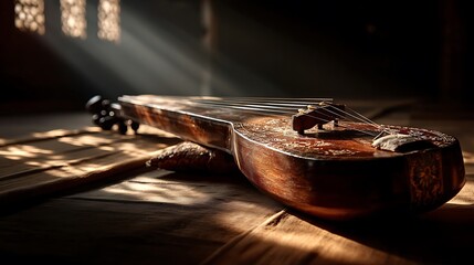 Antique wooden stringed instrument illuminated by sunlight isolated on white background