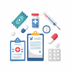 Medical supplies and prescription forms illustrate healthcare and treatment.