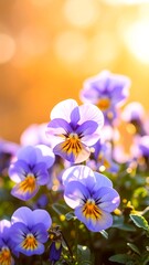 Close-up view of vibrant violet pansies bathed in warm sunlight, showcasing delicate petals and a soft focus background.