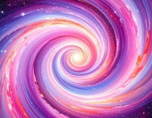 A vibrant spiral galaxy swirls outwards, showcasing a mesmerizing blend of pink, purple, and orange hues.