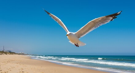 Majestic seagull soars gracefully above a scenic ocean beach landscape