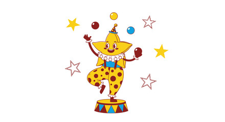 Star Clowning On Stage, Juggling Balls and Performing in a Bright Cartoon