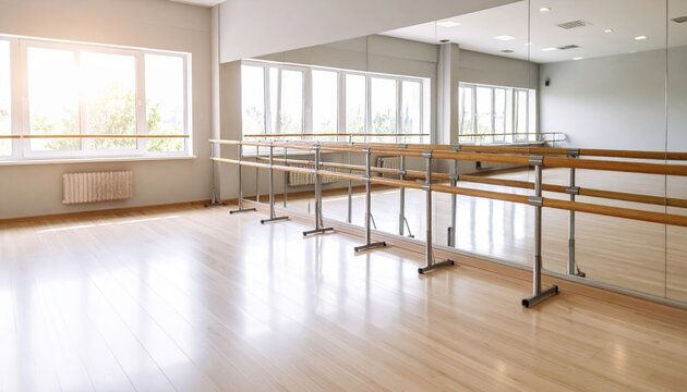 Bright dance studio with wooden floor ballet barres and large mirror